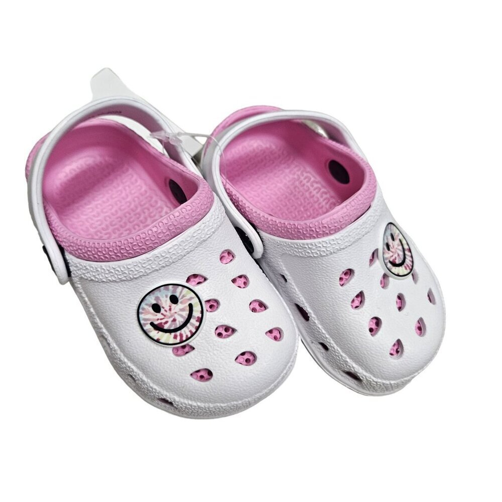 Childrens White & Pink Clogs With Smile Design Girls Tie Dye Happy‎ Face Slip On